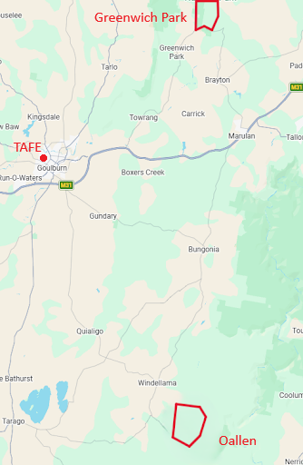 Map of a rural area with red-outline shapes near Greenwich Park (north) and Oallen (southeast); towns like Goulburn and Boxers Creek also labeled.
